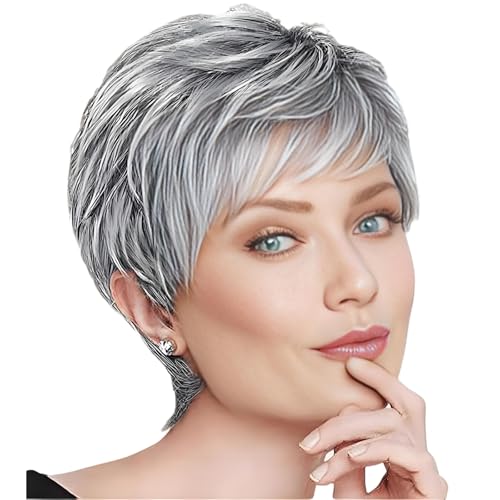 BECUS Perruque Naturelle Courte pour Femme – Cheveux Raides en Couches, Fluffy, Gris Ombré Argenté – Perruques Synthétiques pour Usage Quotidien,...