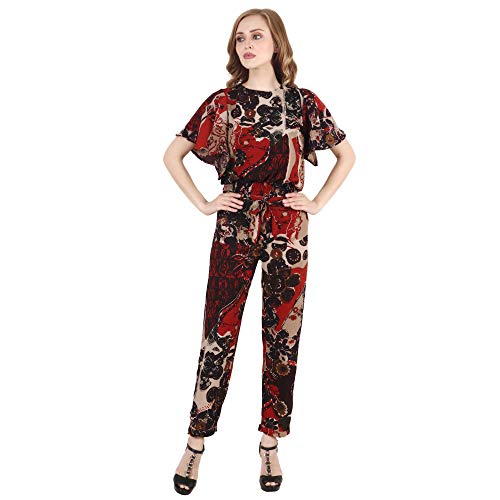 Image of POPWINGS Casual Coffee Brown Georgette Printed Top and Trouser Set for Women || Stylish Western Co-Ords Set for Women Summer Wear || Batwing Sleeves Round-Neck Regular Top Trouser Set for Women