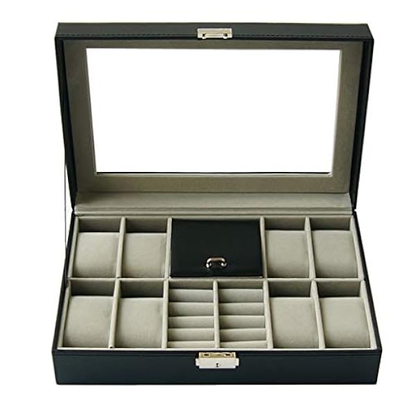 Horlogedoos zwart leer, horlogekast met glasplaat en sluiting, multifunctionele bewaarsieraden, armbanden, kettingen, ringen of andere kleine voorwerpen