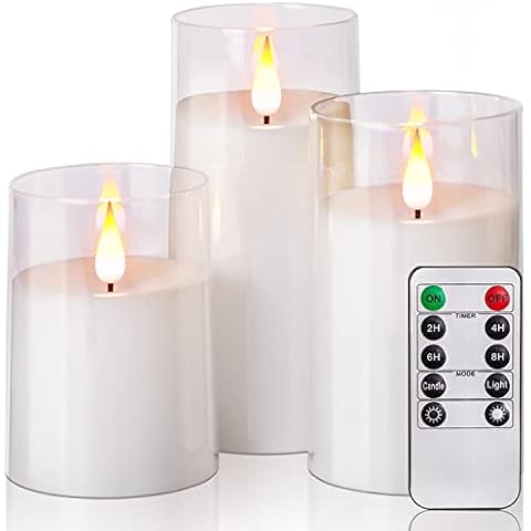 Amagic Acrylic Flameless Candles, Battery Operated Candles, Flickering LED Pillar Candles with Remote Control and Timer, Yellow and Blue Glow, Set of 3 Cover