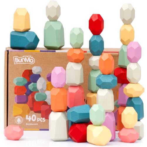 Image of BUNMO Wooden Blocks 40 pcs, Non-Toxic Toddler Toys | Perfect as Sensory Table Stacking Rocks | Toddler Montessori Toys for Screen-Free, Hands-On Fun | Wood Blocks or Stacking Stones for Building