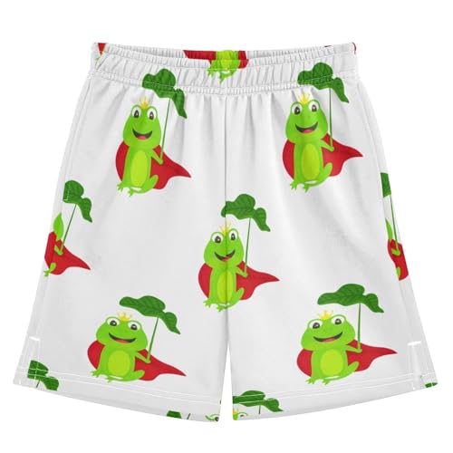 Cartoon Frogs Athletic Shorts with Zipper Pockets, Youth Boys Athletic Running Shorts for Summer