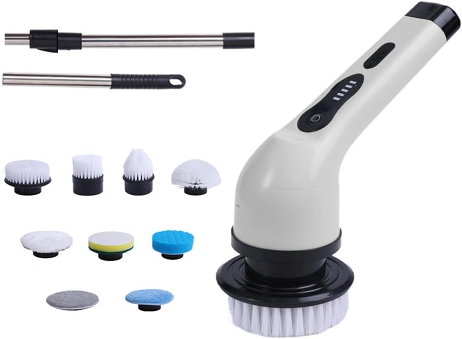 Mingzhe Cordless Electric Cleaning Brush for Effortless Removal in Kitchen and Bathroom, Rechargeable 2000mAh with Telescopic Rod (White Cleaning Brush with 9pcs Brushes)