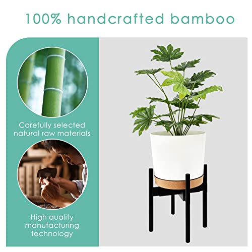 AUGOSTA Bamboo Adjustable Planter Tray Included, Mid Century Modern Indoor Plant Stand, Fit 8 9 10 11 12 inch Pots, Plant Pot Not Included (Black)