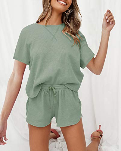 Zesica Women's Waffle Knit Pajama Set Short Sleeve Top And Shorts Loungewear Athletic Tracksuits With Pockets Green #TOP2