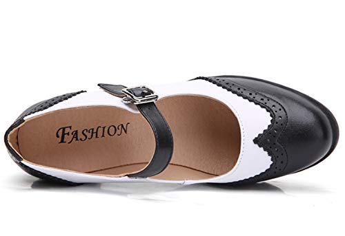 Dadawen Women's Leather Classic Platform Mid Heel Mary Jane Square Toe Oxfords Dress Shoes Black/White Us Size 9 #TOP5