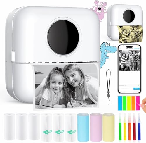 HuiJuKeJi Mini Stampante Fotografica,Stampante Termica,immagine per foto, stampa di ricevute,con 10 rotoli di carta 1 adesivo per smartphone, per Fotografica Note Elenco Memo (white)