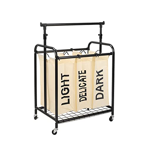 Oceanstar 3-Bag Rolling Laundry Sorter With Adjustable Hanging Bar, White #TOP2
