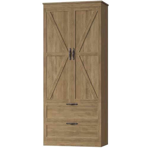 HOSTACK 70" Tall Kitchen Pantry Storage, Barn Doors Pantry Cabinet with Drawers and Adjustable Shelf, Modern Farmhouse Storage Cabinet for Kitchen, Dining Room, Living Room, Bathroom, Rustic Brown