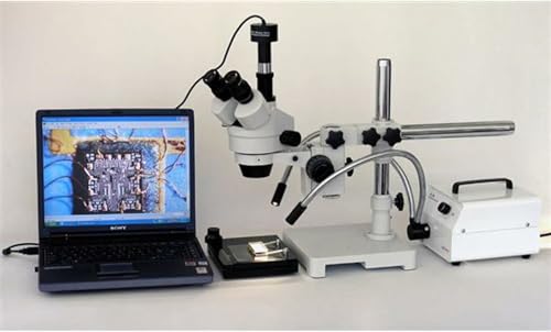 Image of AmScope SM-3TX Professional Trinocular Stereo Zoom Microscope, WH10x Eyepieces, 3.5X-45X Magnification, 0.7X-4.5X Zoom Objective, Ambient Lighting, Single-Arm Boom Stand, Includes 0.5X Barlow Lens