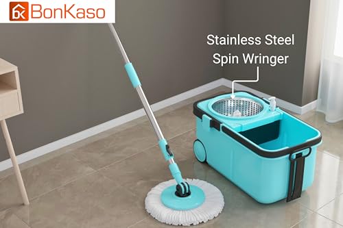 Image of BonKaso Rider 360 Spin Mop with Stainless Steel Wringer, Big Wheels & Adjustable Handle, Easy Floor Cleaning Mop Bucket Set with 2 Microfiber Refills - Sky Blue & Black