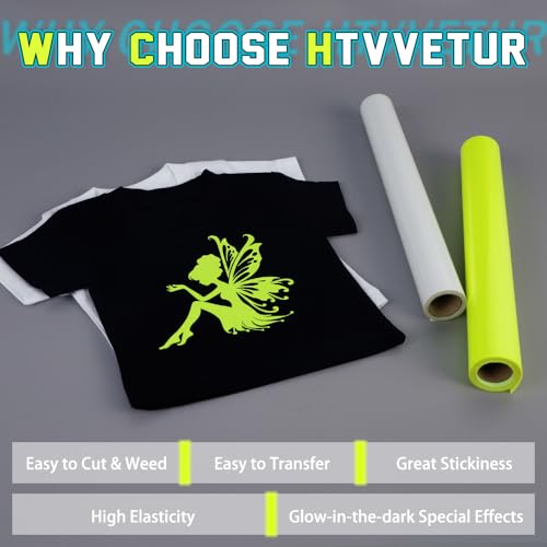 Image of HTVVETUR Glow in The Dark HTV Heat Transfer Vinyl Roll 12 Inch by 10 Feet Iron on DIY for T-Shirt PU Stretch Elastic HTV Vinyl (Dark in Glow Yellow, 10FT)