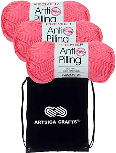 Image of Premier Yarns Anti-Pilling Everyday DK Coral 1107-70 (3-Skeins - Same Dye Lot) DK Light Worsted #3 Anti-Pilling Acrylic Yarn for Crocheting and Knitting with Project Bag