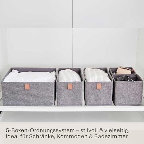 LOVE IT STORE IT Premium Aufbewahrungskorb 5-teilig - Schrank Organizer aus Leinen Stoff - Verstärkt mit Karton - Grau - 5 Boxen in 3 Größen