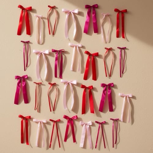 39 Pcs Pink Red Satin Ribbon Bows for Wall Decor Pre-Tied Bows for Party Backdrop Baby Shower Wedding Birthday Room Decor