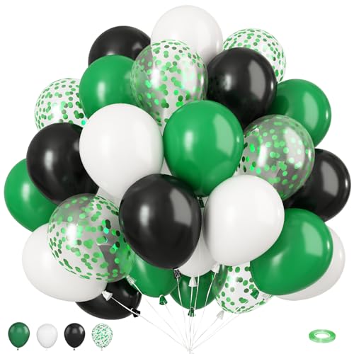 Image of Green and Black Balloons, 50Pcs 12 Inch Green White Black Birthday Balloons, Green Confetti Balloons white Latex Balloons for Video Game Football Theme Party Baby Shower Supplies