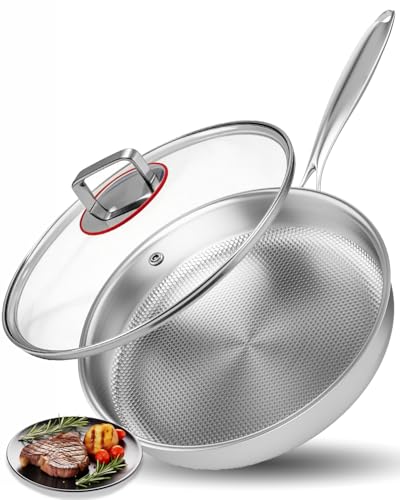 Abijan Poêle en acier inoxydable de 28 cm avec couvercle, poêle en titane non revêtue, pour tous les types de feux, sans PFOA/PFAS, poêle antiadhésive...