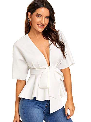 SheIn Women's Plunge V Neck Short Sleeve Ruffle Hem Tie Front Peplum Top Blouses White Medium