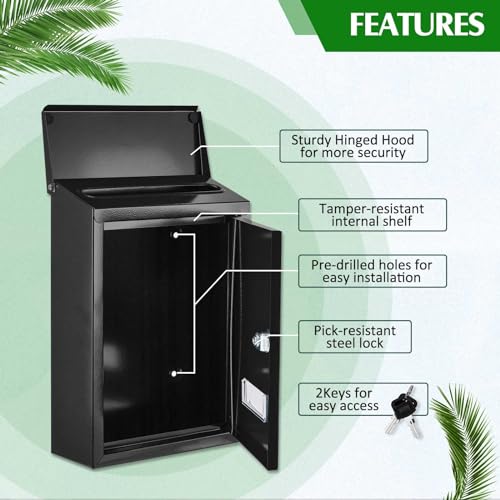 Amylove Weatherproof Mail Boxes with Key Lock, Security Locking Wall Mount Metal Mailbox with Slot for Outside, Large Capacity for Mail, Packages, Donations, Voting 11. 8"h x 8. 3"l x 2. 8"w, Black by Amylove - Image 2