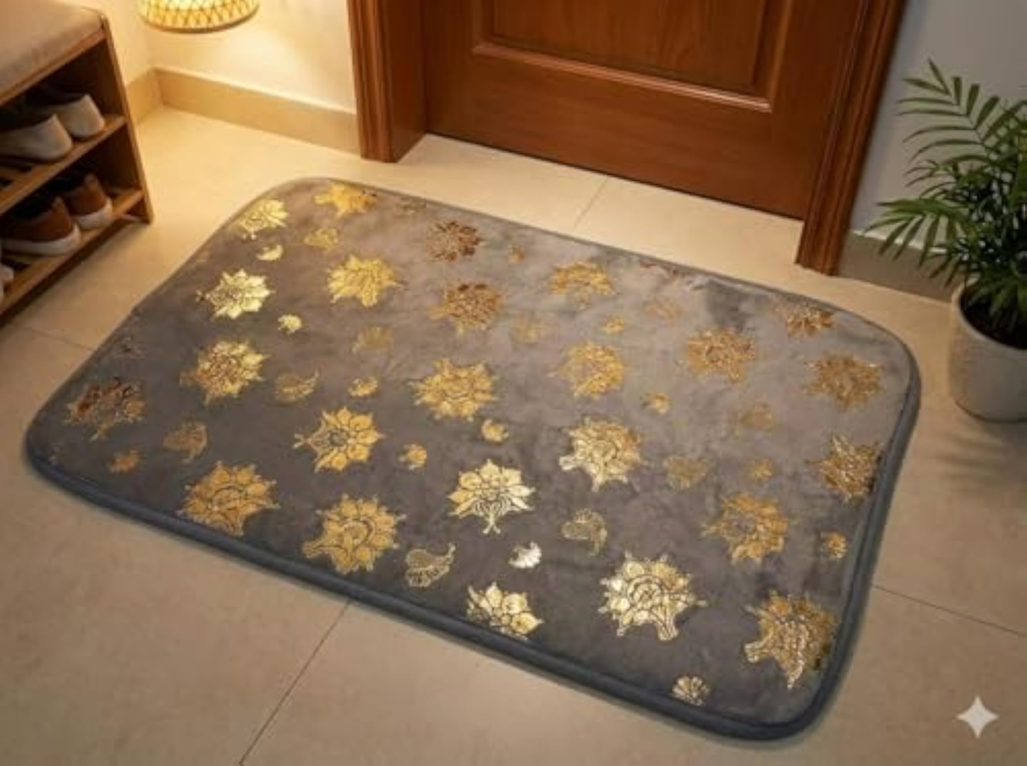 Golden Flower Memory Foam Bath Mat, Plush Velvet