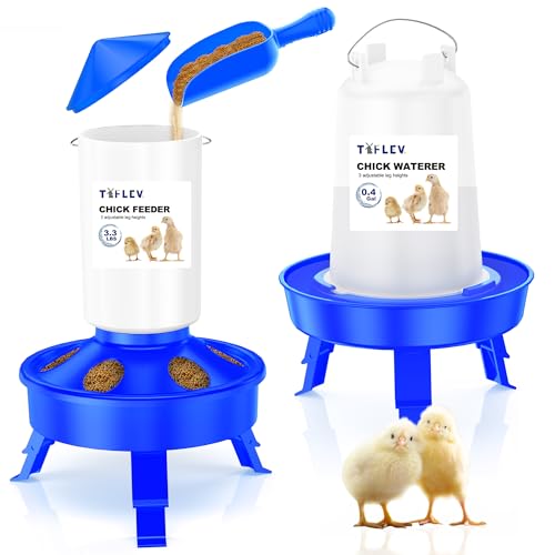 Tiflev Top Filling Chick Feeder and Waterer Kit with Scoop, 3.3LBS Chick Feeder and 0.4Gal Chick Waterer with 3 Heights Adjustable Legs for Chicks