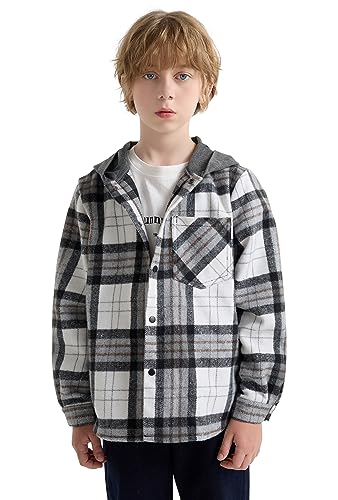 Image of SOLOCOTE Big Boys Flannel Plaid Shirt Kids Cotton Lightweight Hooded Long Sleeve Spring Fall Button Front Jacket