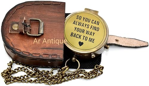 Brújula de bolsillo vintage de latón 'Para que siempre puedas encontrar el camino de regreso a mí' - Brújula náutica antigua con estuche de cuero, regalo romántico para esposo, novio, aniversario, boda y larga distancia miniatura 6