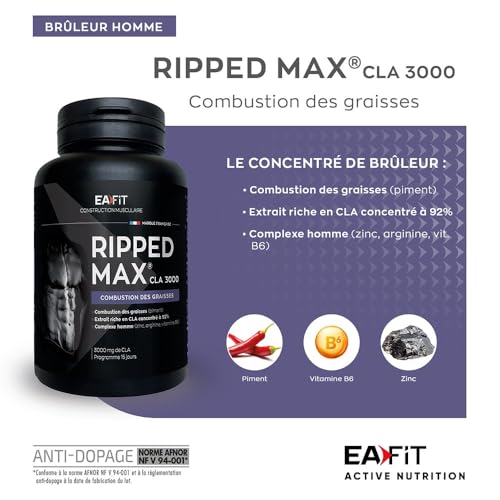 EAFIT - Ripped Max CLA 3000 - Bruleur de graisse puissant 3g CLA + Piment + Zinc +Vitamines B6 - Facilite la combustion des graisses lors des séances de sport - Pensé pour musculation - 60 Capsules – Image 5