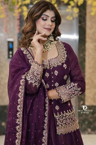 Image of Suppar Sleave Women's Chanderi Silk Embroidered Kurta Set with Lehenga Style Bottom & Dupatta | Bollywood Style Embroidery lehenga Choli Set For Woman