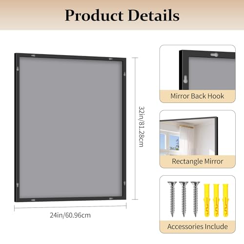 Image of COFENY Black Bathroom Mirror for Wall, 24x32 Inch Rectangle Mirror with Metal Frame, Modern Vanity Mirrors for Bathroom Living Room, Entryway Hangs Horizontal or Vertical