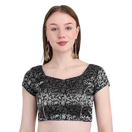 Image of Women's Short Sleeve Brocade (Chanderi) Readymade Stitched Saree Blouse Ready to Wear Half Sleeves Ladies Blouse