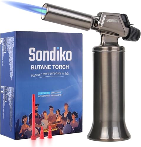 Sondiko Butane Torch, Premium Metal Big Flame Torch Refillable Blow Torch Lighter with Adjustable&Wind Resistance Flame for Cooking, BBQ, Welding DIY&Soldering(Butane Gas not Included)