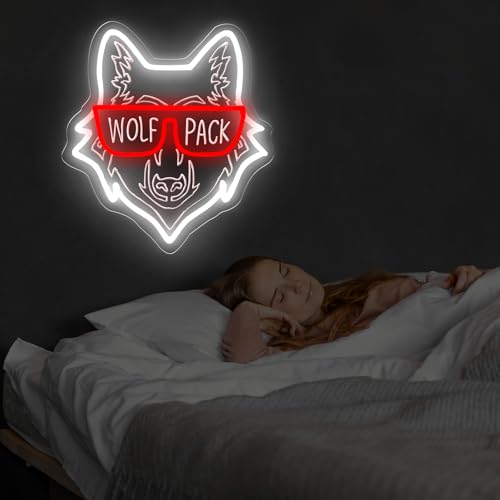 Image of Wolf Pack Family Neon Sign, Wild Animal Birthday Gift, Family Reunion LED Light, Animal Lover Decor, Wolf Lovers Gift, 14.4 inchx13 inch, White+Red