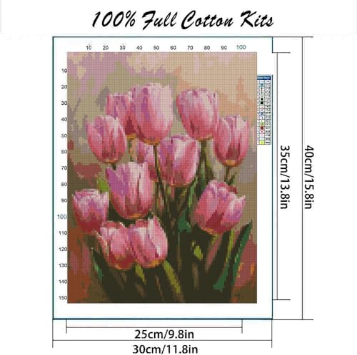 Image of MYBISYMQQ Pink Tulips Cross Stitch Kits for Adults Beginners - 11CT Stamped Vintage Floral Embroidery Kit, DIY Pre-Printed Needlepoint Patterns for Home Wall Art Decor, 15.7x11.8 Inches