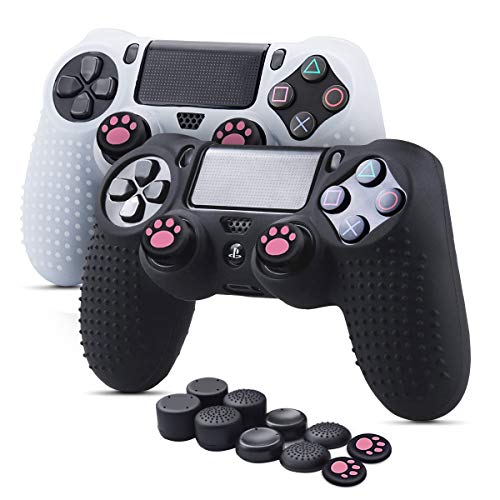 6amLifestyle PS4 Controller Skin (Schwarz + Weiß, 2 Controller Skins + 10 Daumengriffe) Anti-Rutsch-Silikonhülle Schutzhülle für DualShock 4 PS4 / PS4 Slim / PS4 Pro Controller