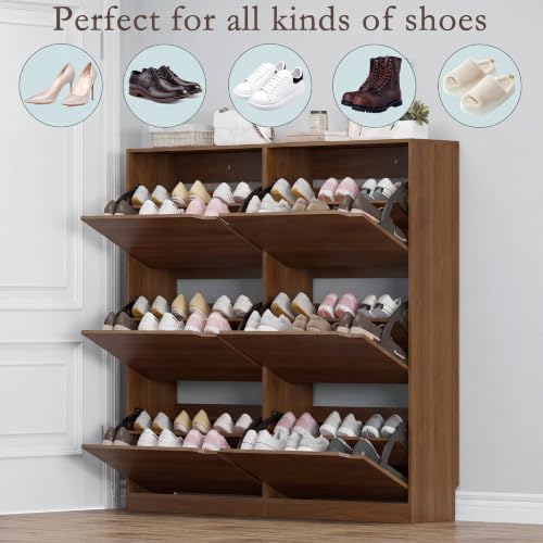 Image of BORNOON Shoe Cabinet with 6 Flip Drawers, Slim Narrow Shoe Storage Cabinet, Freestanding Shoe Organizer for Entryway, Hallway, Foyer