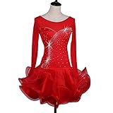 kzytamz Latin Dance Dresses Women Ballroom Salsa Samba Costume Rhinestones Crew Neck Long Sleeves Latin Competition Dress Tutu (M,Red)