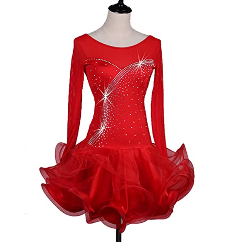 kzytamz Latin Dance Dresses Women Ballroom Salsa Samba Costume Rhinestones Crew Neck Long Sleeves Latin Competition Dress Tutu (M,Red)