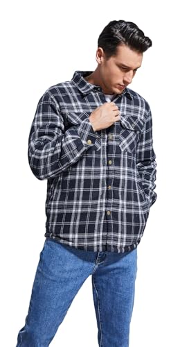 Image of Men's Sherpa Cotton Flannel Shirt Jacket Plaid Button Coat Pocket