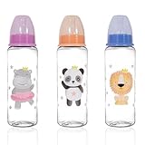 3 Pack Baby Milk and Water Bottles Easy Grip with Soft Silicone Medium Flow Teats 250ml 8.5oz, Fun and Cute Animal Designs (Lion and Friends)
