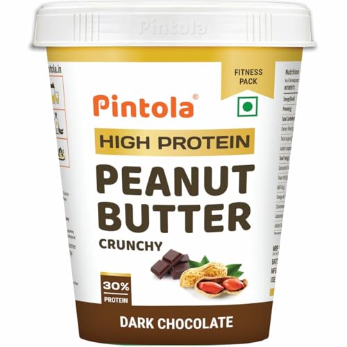 Pintola High Protein Peanut Butter, Dark Chocolate, Crunchy, 510gm, 30% Protein High Fibre No Salt