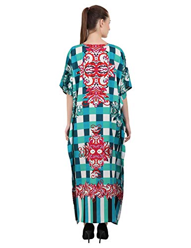 Image of Miss Lavish London Teal Check Print Kaftan Dress for Women V Neck Batwing Sleeve Maxi Beach Cover Up, Plus Size Caftan with Side Slits&Pockets, Resort Wear Swimsuit Coverup, Summer Cruise-Teal-2XL