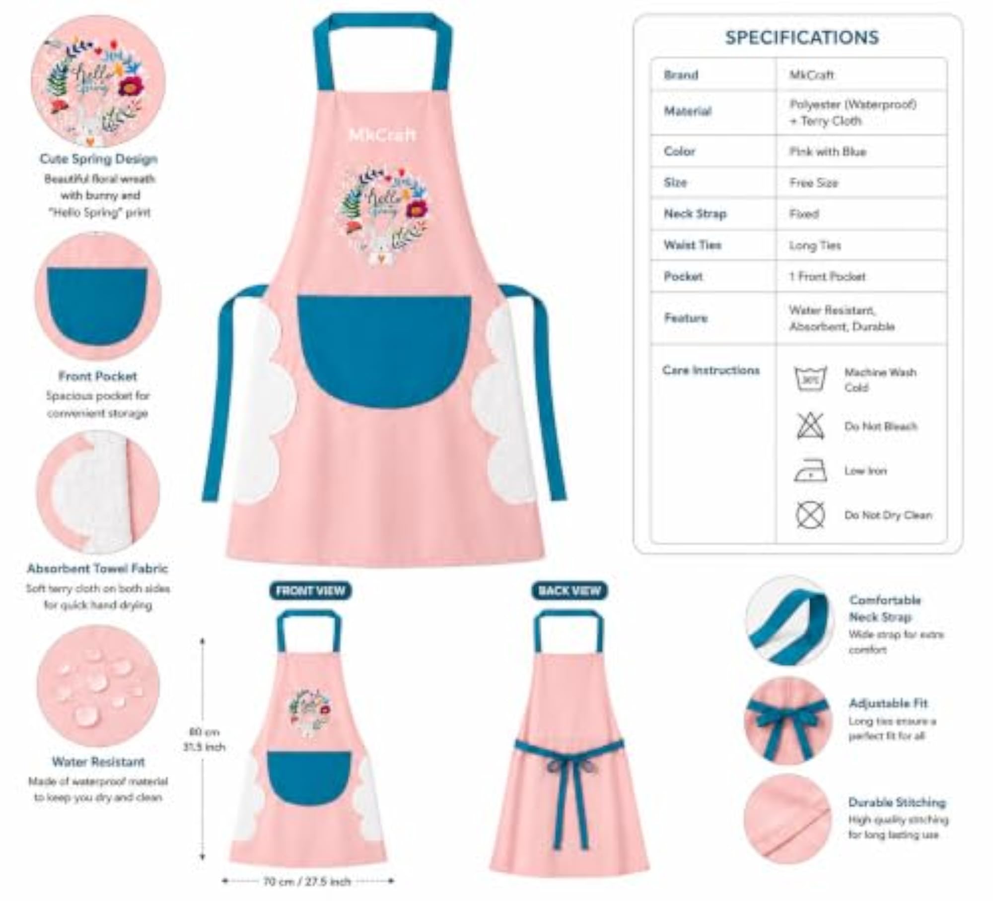 Waterproof Kitchen Apron for Women, Adjustable Chef Apron with Pocket