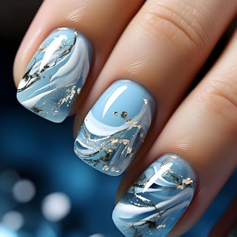 OCOUYVD Square Fake Nails Short Press on Nails Golden Foil Stick on Nails Glossy False Nails with Designs summer Acrylic Nails Reusable Glue on Nails for Women and Girls 24 Pcs Cover