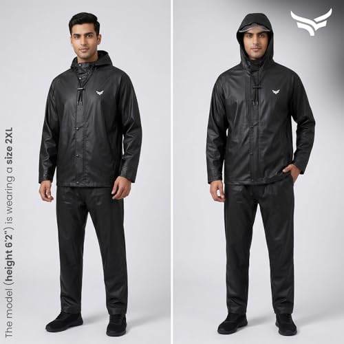Image of XTRIM Raincoat, Waterproof Jacket with Hood, Zipper, Snap Button, Black | Pants with Elastic Waist, Pocket, Reflective Trim for Biking & Travelling