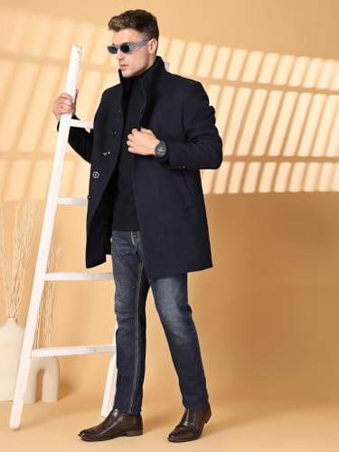 Image of CHKOKKO Men Stylish Long Winter Coat Single Breasted Thigh Length Overcoat with Elegant Spread Collar & Practical Front Side Pockets for Formal or Semi-Formal Occasions
