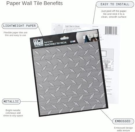 Main Street Peel and Stick Wallpaper Tiles, Diamond Plate, 24-Pack