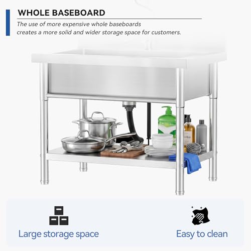Image of 39 inch Stainless Steel Utility Sink with Workbench, Freestanding Single Bowl Laundry Sink with Hot & Cold Water Connection, Large Garage Sink for Kitchen, Farmhouse, Outdoor & Commercial Use