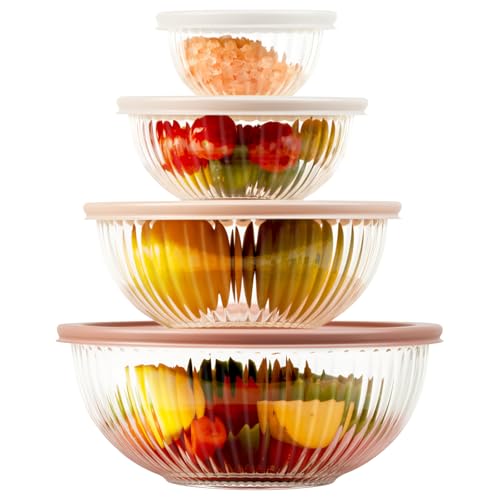 Freshmage Glass Mixing Bowls with Lids Sets, 4 Packs Glass Bowls with Lids for Kitchen Baking, Meal Prepping and Salad, Bpa Free and Dishwasher Safe Serving Bowls, 0.2/0.5/1.1/2.1