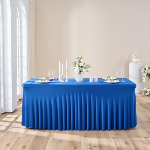 Image of Outpain 8ft Spandex Table Cloth for Standard Folding Tables-4Pack Royal Blue Table Cloth Table Protector for Party, Wedding, Cocktail, Banquet, Festival